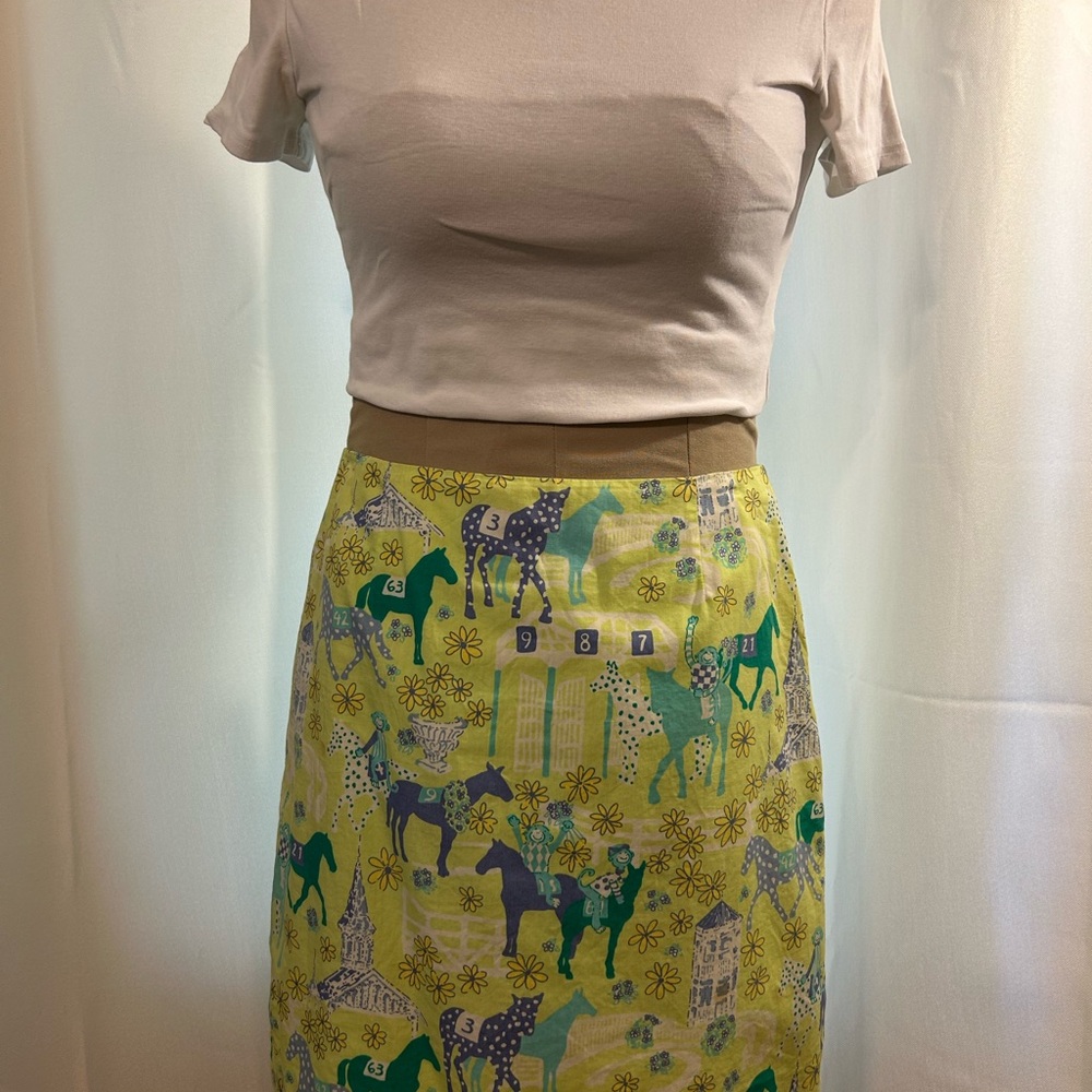 Lilly Pulitzer Green and Blue Kentucky Derby Print Skirt, Knee-Length Casual